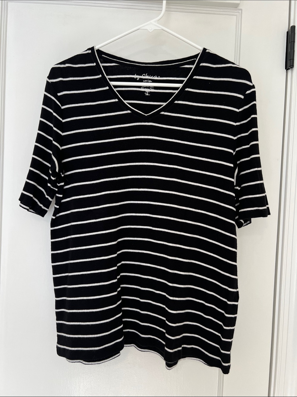 Chico's Black and White Striped V-Neck Short Sleeve Top
